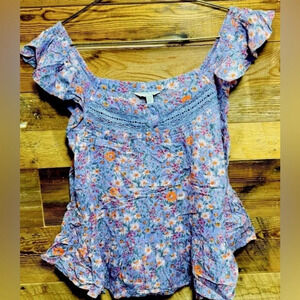 LUCKY BRAND Phoebe Purple floral print blouse Embroidered ruffle eyelet light XS